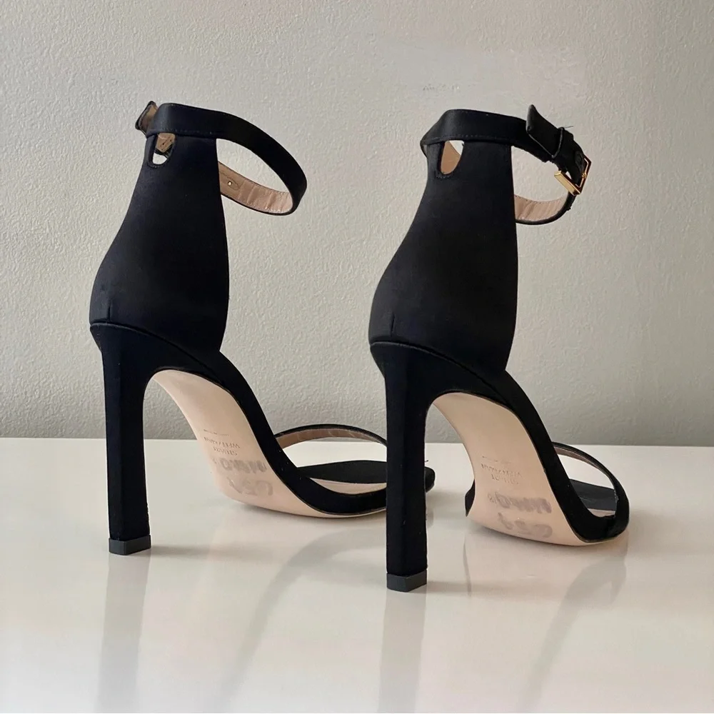 STUART WEITZMAN Black Silk Satin Square Nudist Heel Sandal - Picture 6 of 8